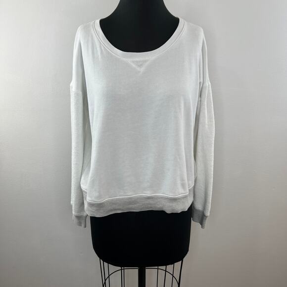 SUNDRY White Round Neck Drop Shoulder Sweatshirt Gray Trim Pullover Cotton 2 M - Picture 2 of 8